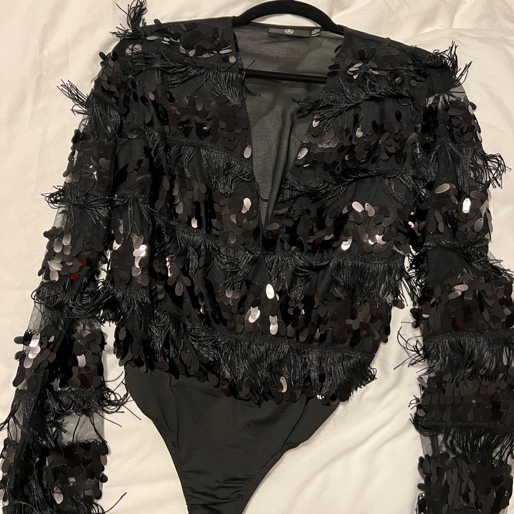 Sequin + fringe black bodysuit